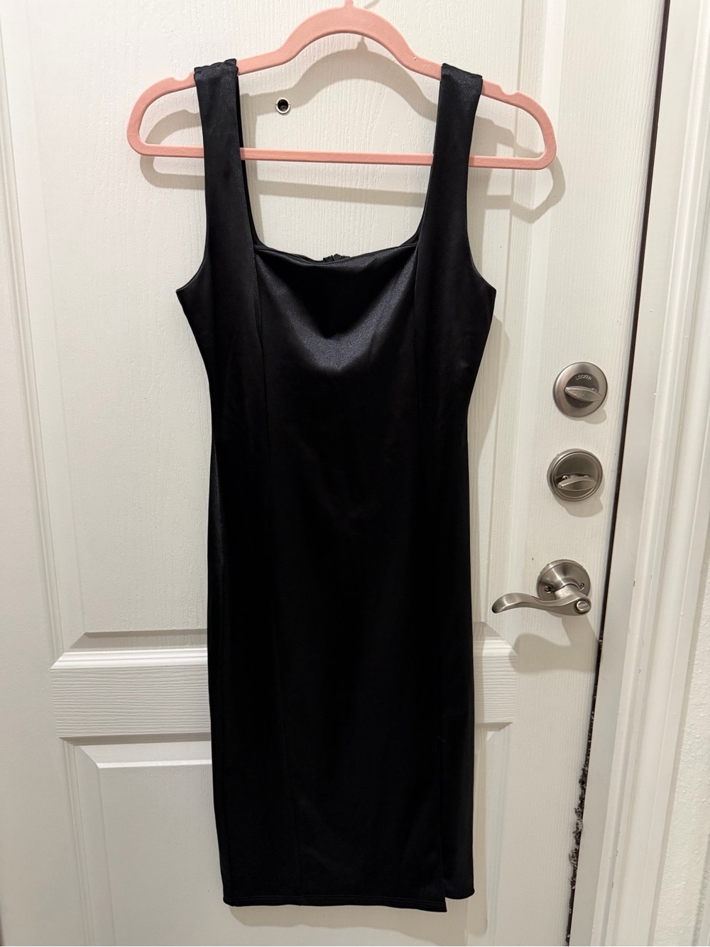 Chocolate Black Satin-Look Square Neck Cocktail Midi Dress Medium